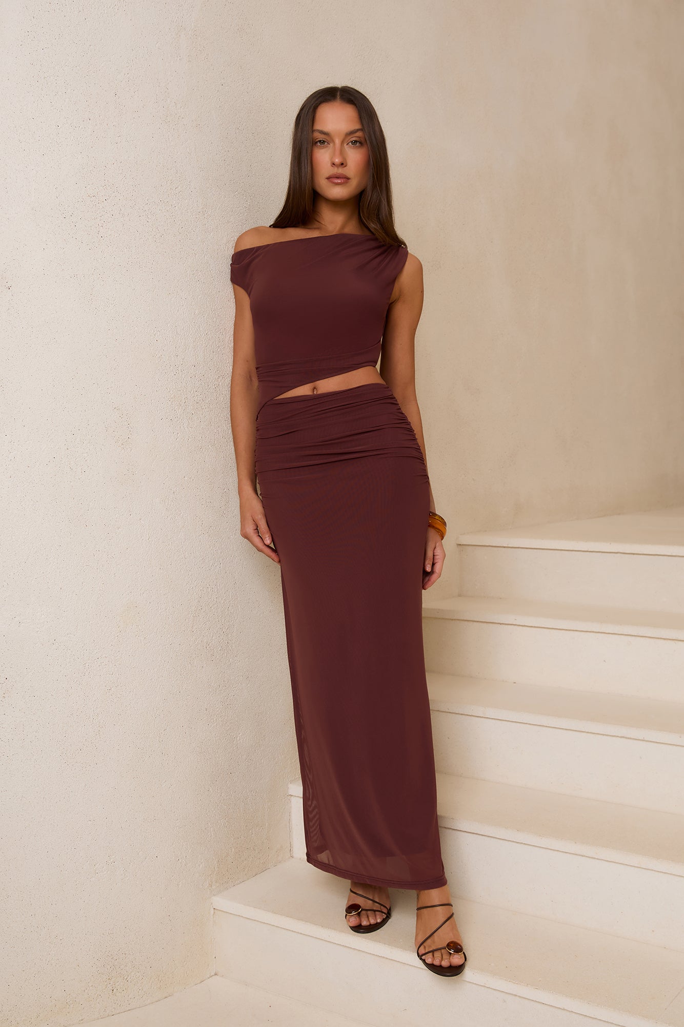 Midnight Musings Off Shoulder Maxi Dress Brown