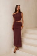 Midnight Musings Off Shoulder Maxi Dress Brown