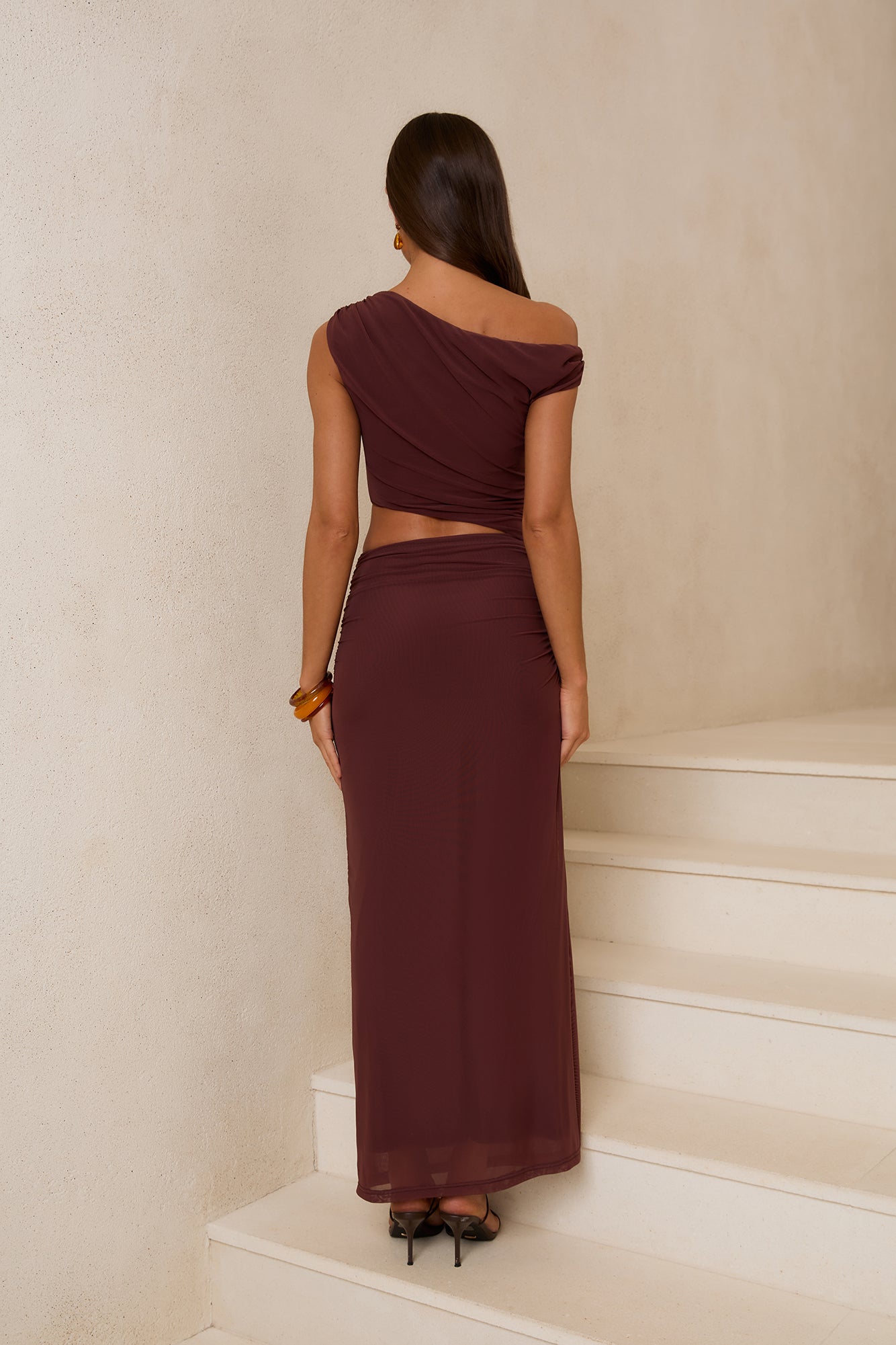 Midnight Musings Off Shoulder Maxi Dress Brown