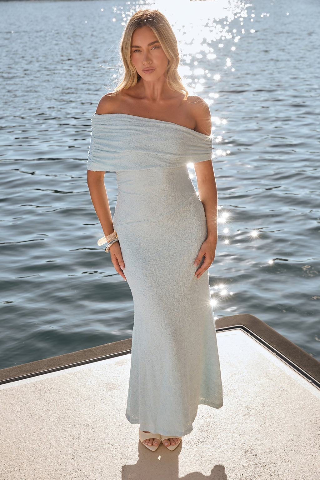 Sea And Selfies Off Shoulder Maxi Dress Blue