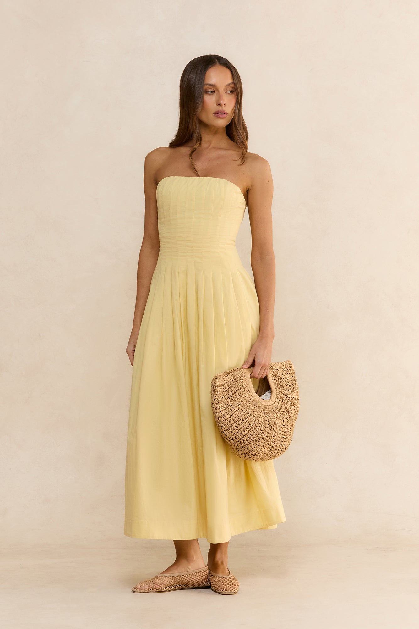 Sunshine Serenity Strapless Midi Dress Yellow
