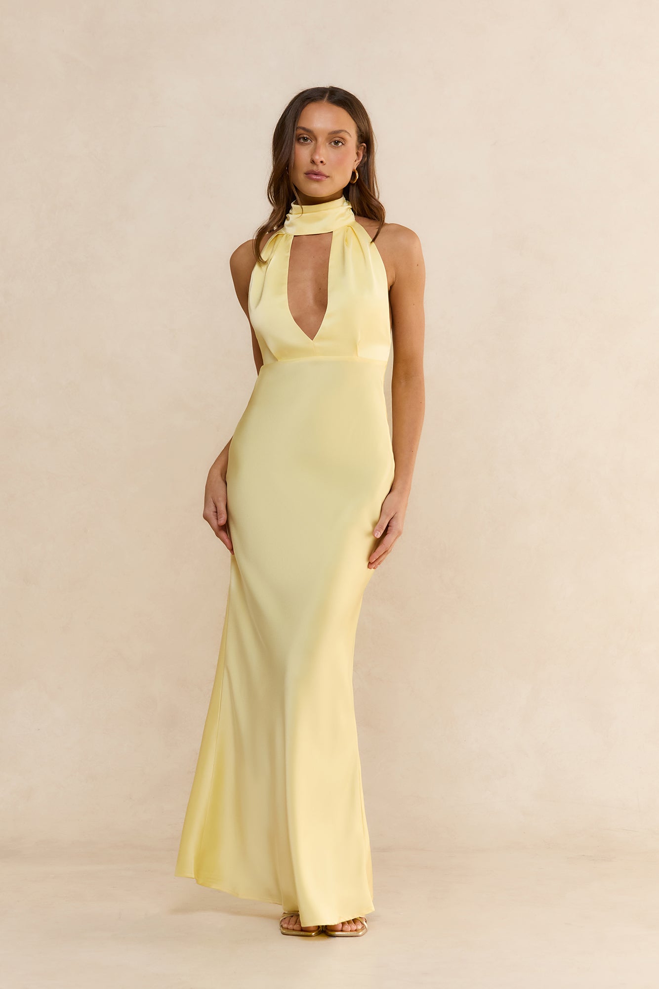 Summer Flame Kiss Halter Satin Maxi Dress Yellow