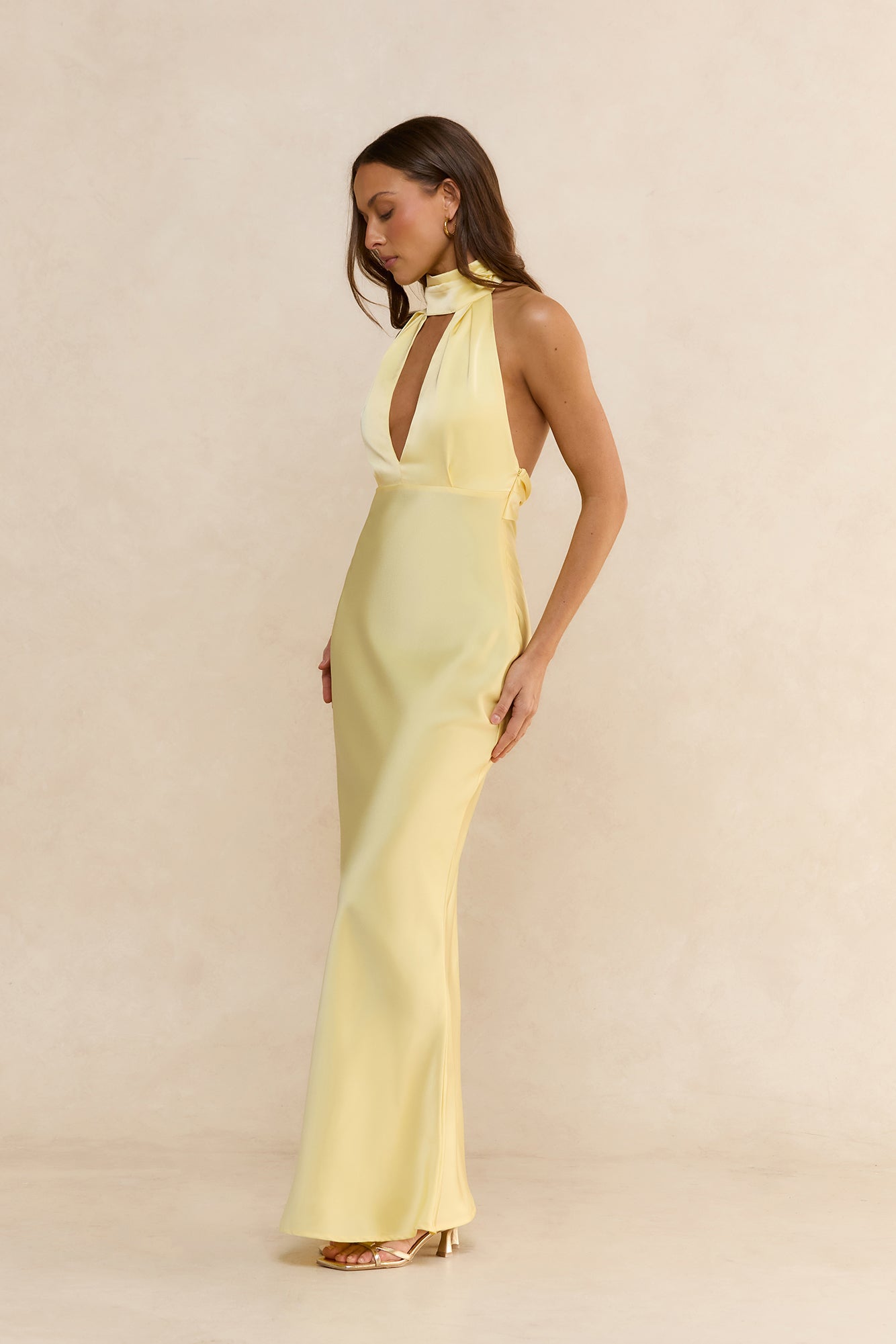 Summer Flame Kiss Halter Satin Maxi Dress Yellow