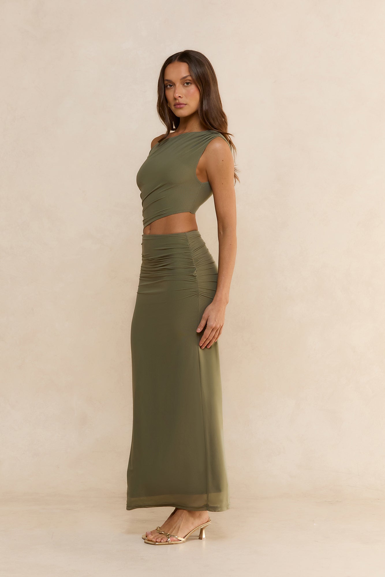 Midnight Musings Off Shoulder Maxi Dress Olive