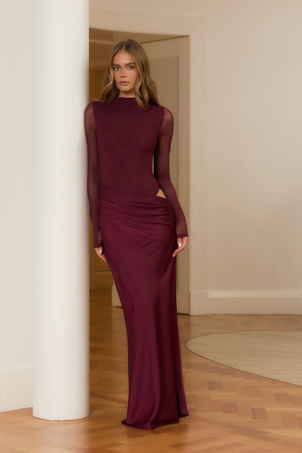Unwritten Desire Mesh Long Sleeve Maxi Dress Wine