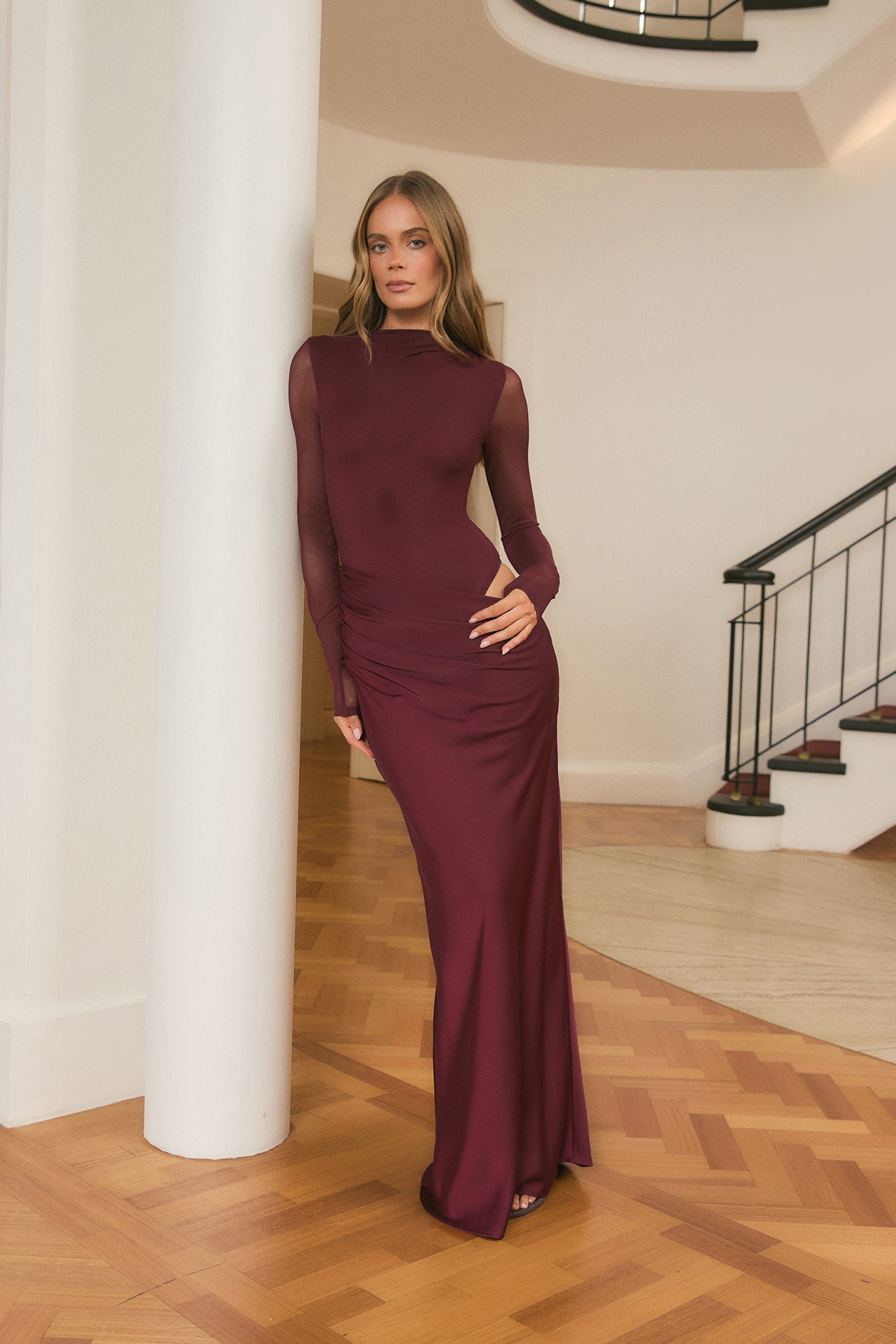Unwritten Desire Mesh Long Sleeve Maxi Dress Wine
