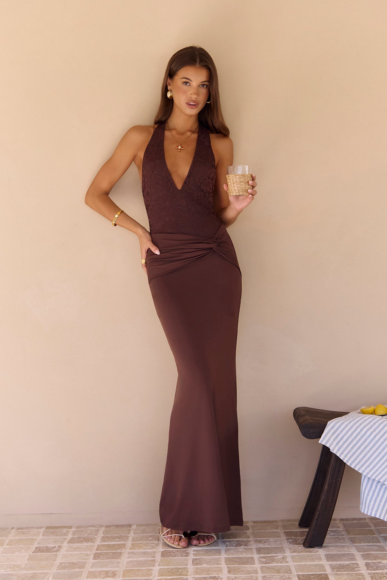 Seaside Glow Halter Maxi Dress Brown