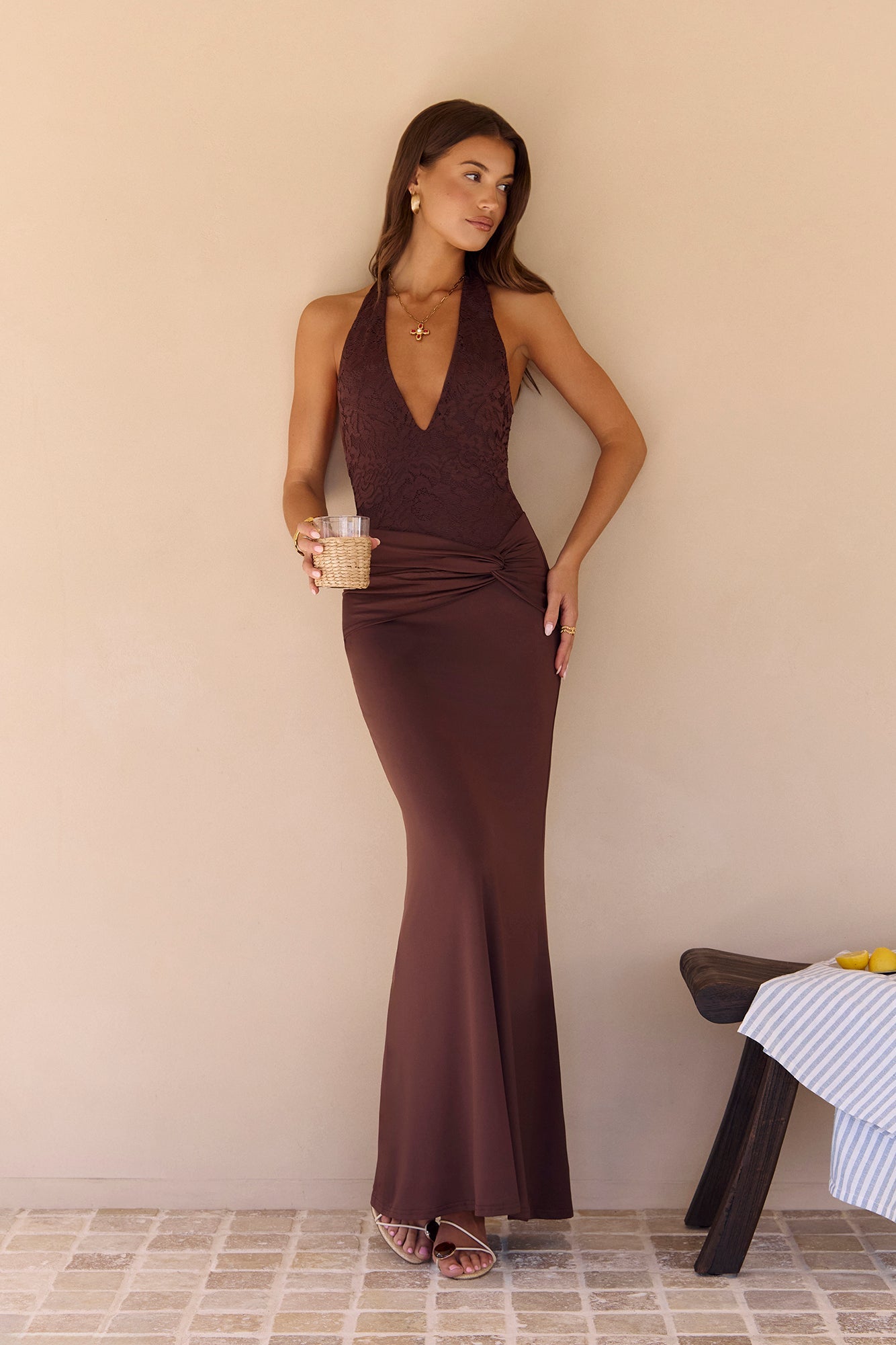 Seaside Glow Halter Maxi Dress Brown