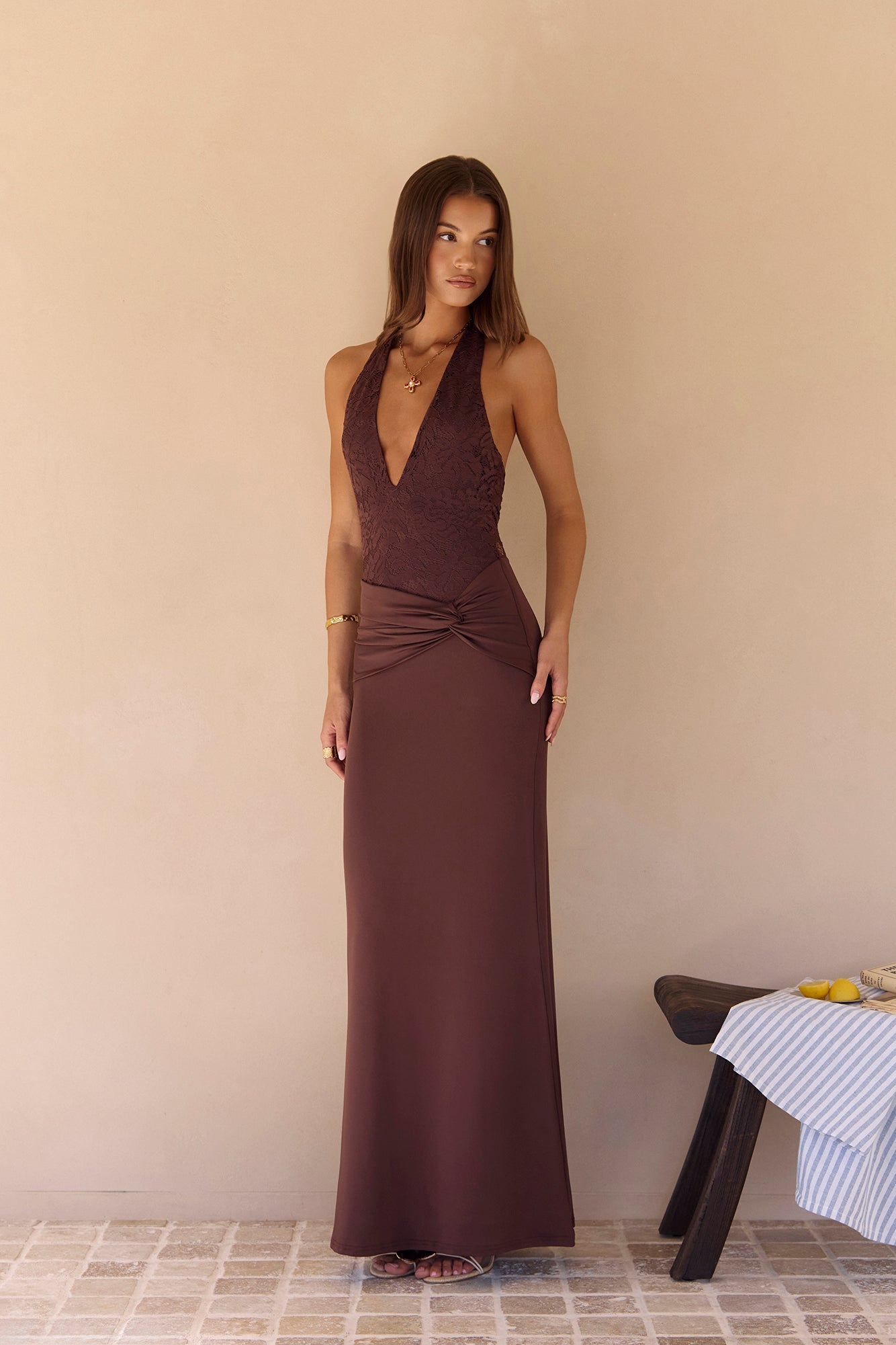 Seaside Glow Halter Maxi Dress Brown