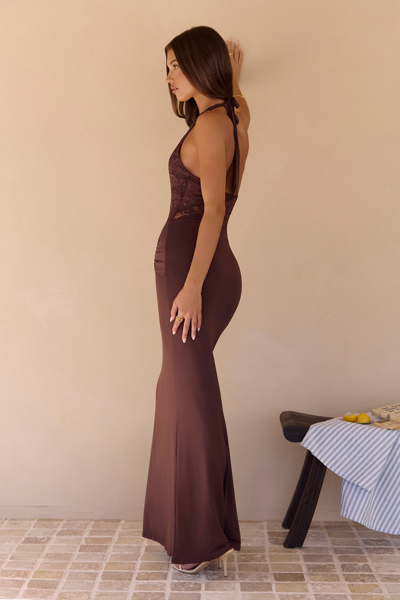 Seaside Glow Halter Maxi Dress Brown