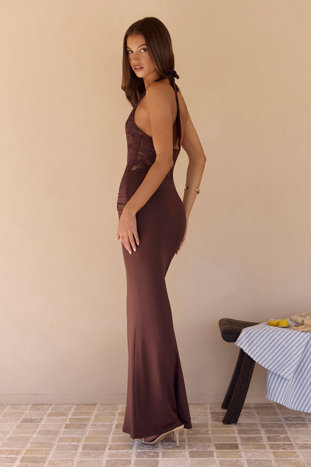 Seaside Glow Halter Maxi Dress Brown