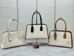 Prada Linen Medium Tote Bag Soft Grain Leather & Canvas