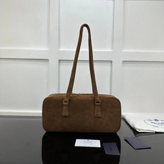 Prada 2026 Hobo Bowling Shoulder Bag 27cm Brown Suede Calfskin