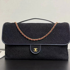 CC 2025 Maxi Flap Bag With Top Handle 56cm Black Wool Leather