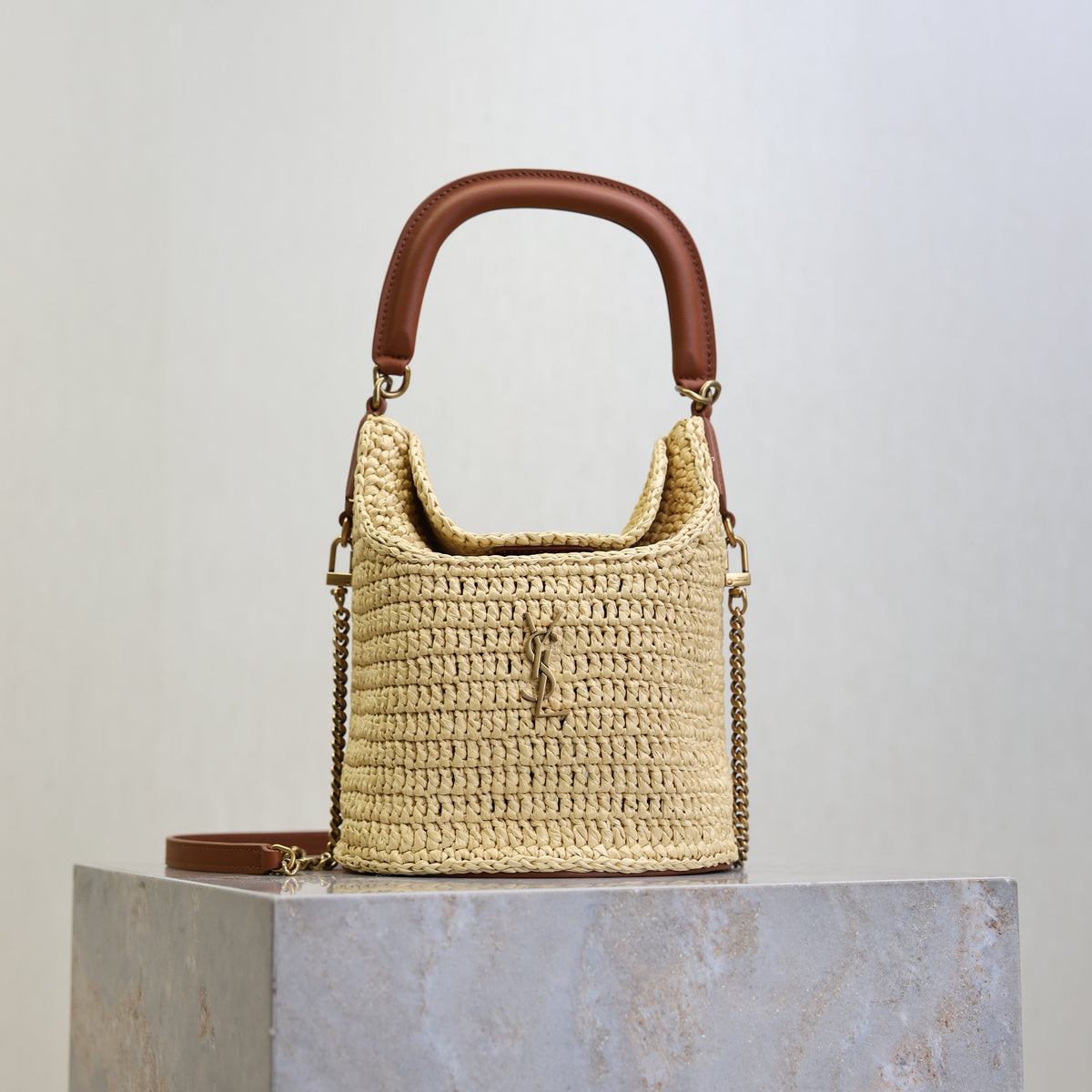 Prada GabyBucket 17cm Brown Beige Raffia Leather GHW