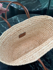 LARGE TOTE BAG 56 IN BEIGE RAFFIA GRASS AND BROWN CALFSKIN TRIM