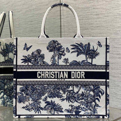 CD Larger Dior Book Tote Tropical Pattern Slate Blue White Black Cotton