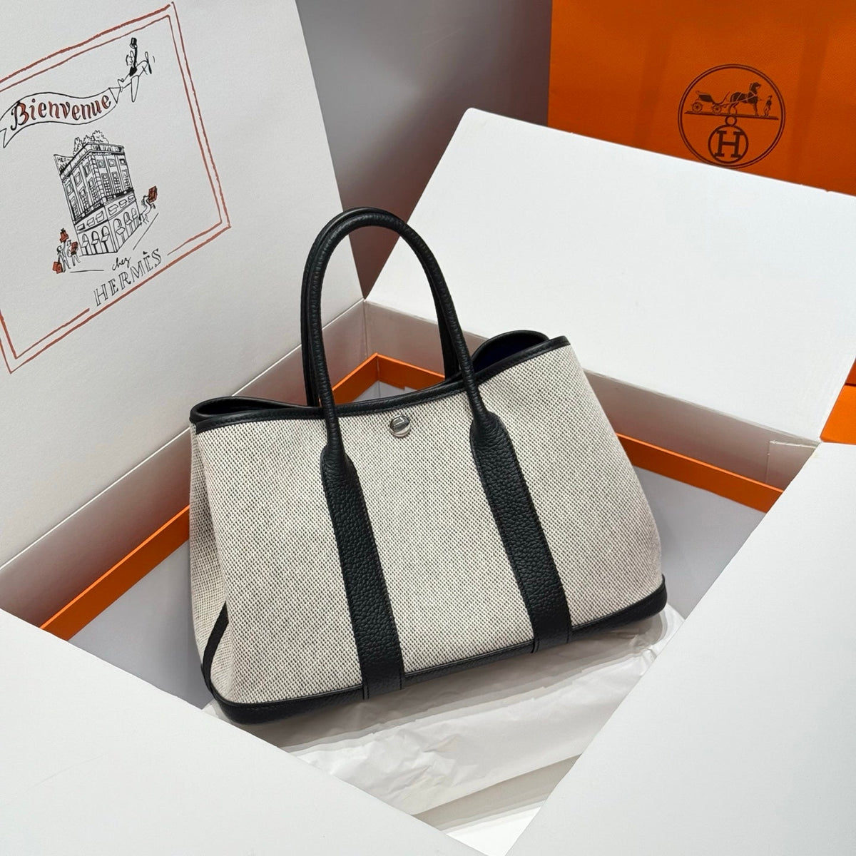 HM Garden Party 30cm Bag Black Togo Dark Grey Canvas