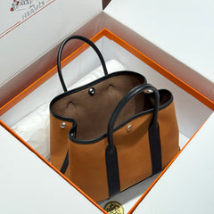 HM Garden Party 30cm Bag Black Togo Brown Canvas