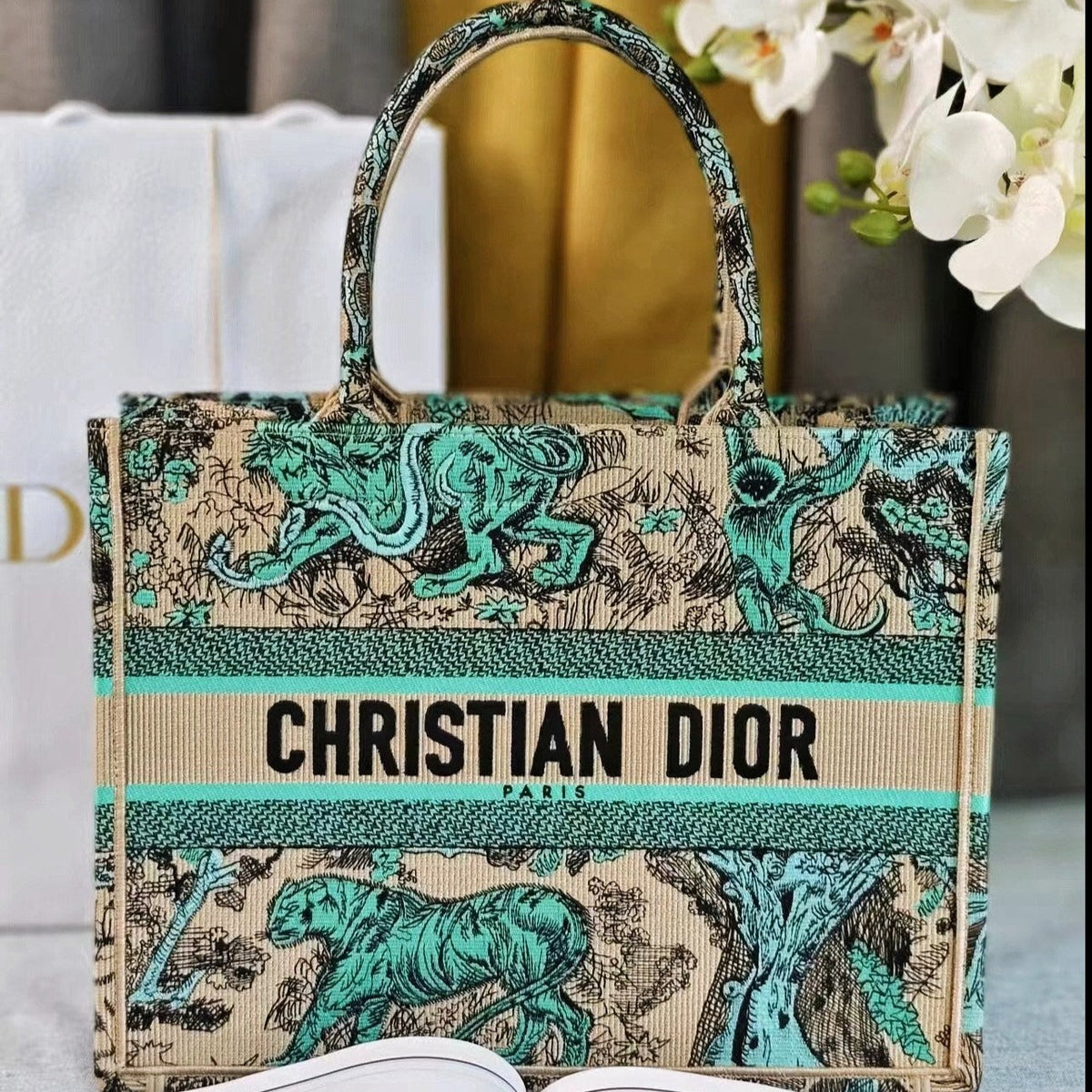 medium dioriviera book tote 36 tiffany blue tiger embroidery canvas