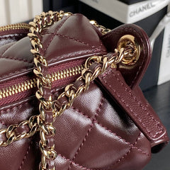 24K Camera Bag Burgundy Calfskin Gold Hardware
