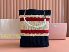 Miu Crochet Tote Bag 30x38 Beige Dark Blue Raffia-Effect Woven 285257