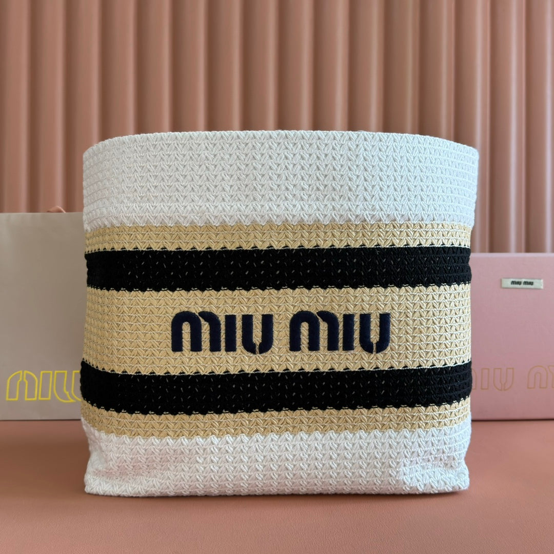 Miu Tote Bag 40cm Beige White Black Raffia-Effect Woven 285413
