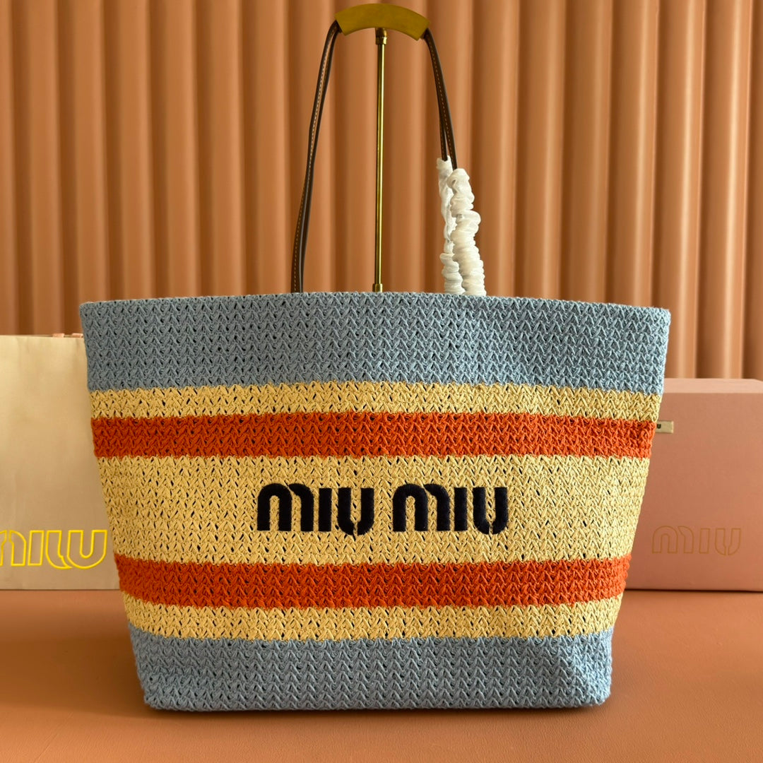 Miu Tote Bag 40cm Beige Blue Red Raffia-Effect Woven 285422