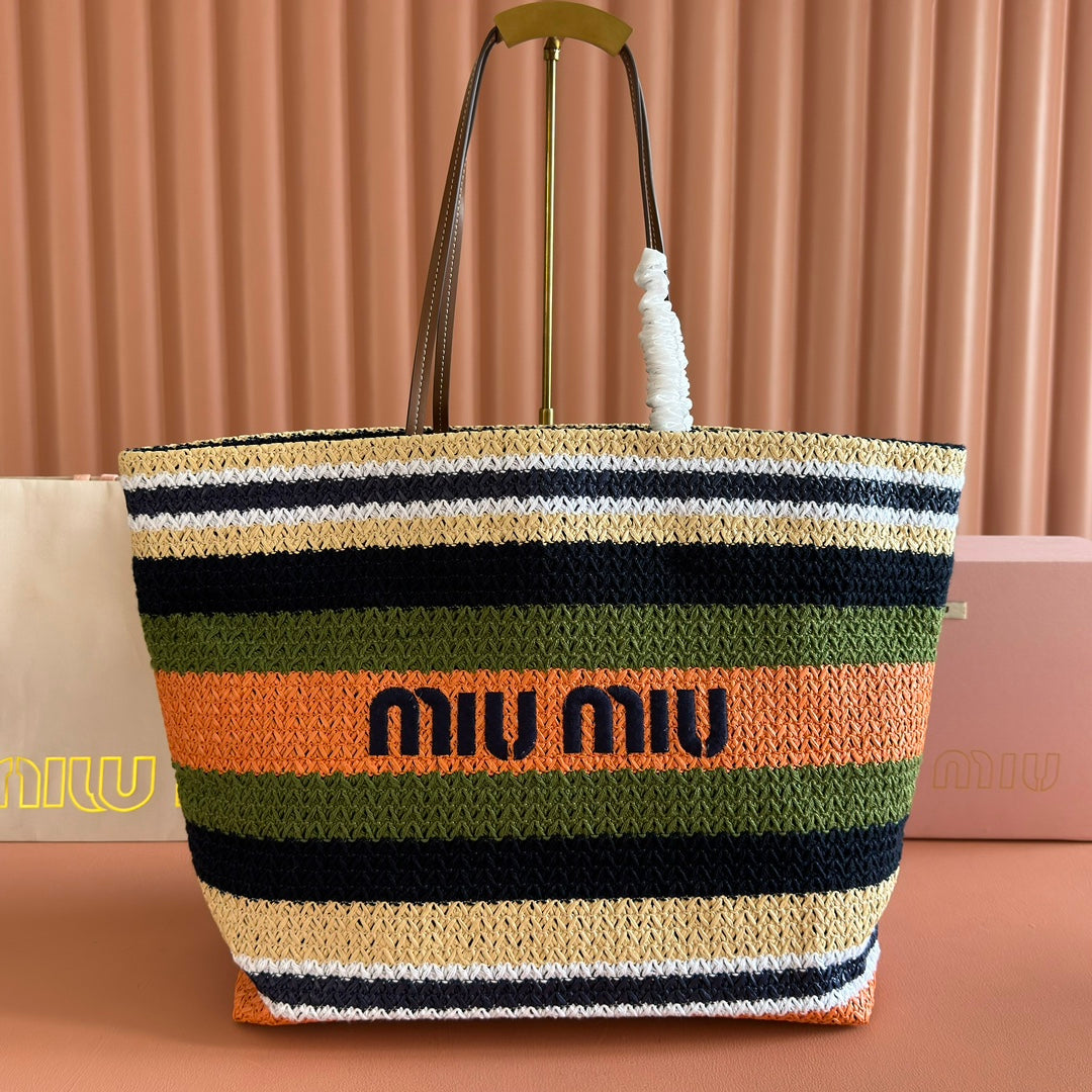 Miu Tote Bag 40cm Raffia-Effect Woven 285425