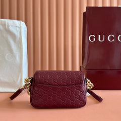 GG Emblem Medium Shoulder Bag Burgundy Embossed Cowhide