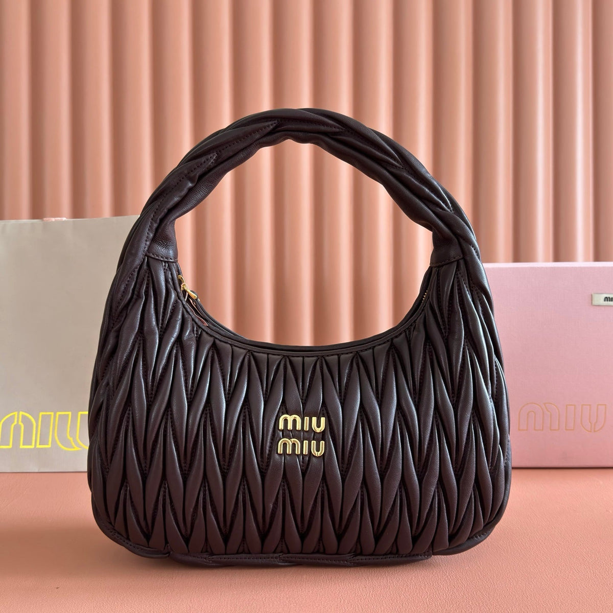 Miu Wander Matelassé Shoulder Bag 29cm Coffee Lambskin