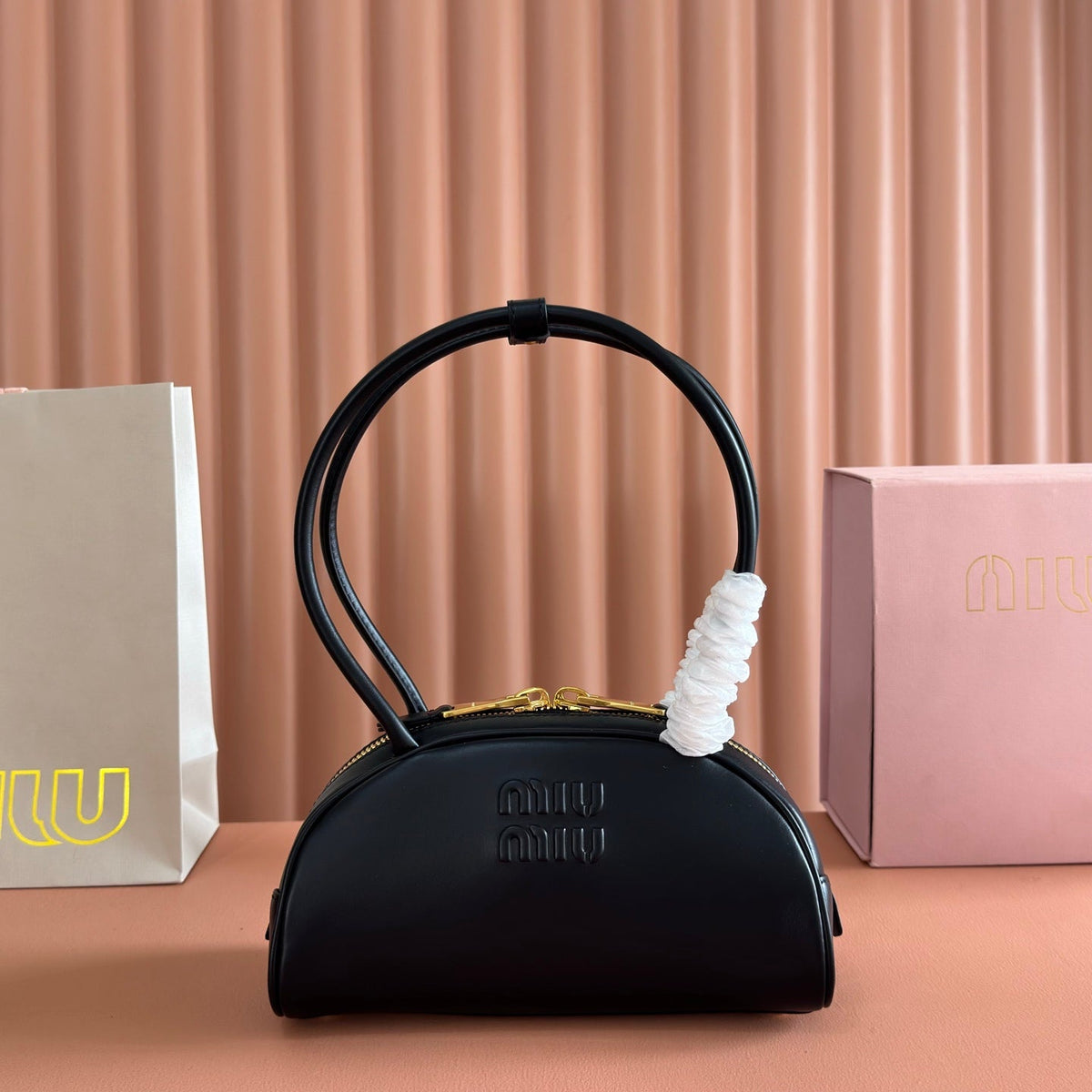 Miu Beau Semi-Circular Small Bowling Bag Black Leather