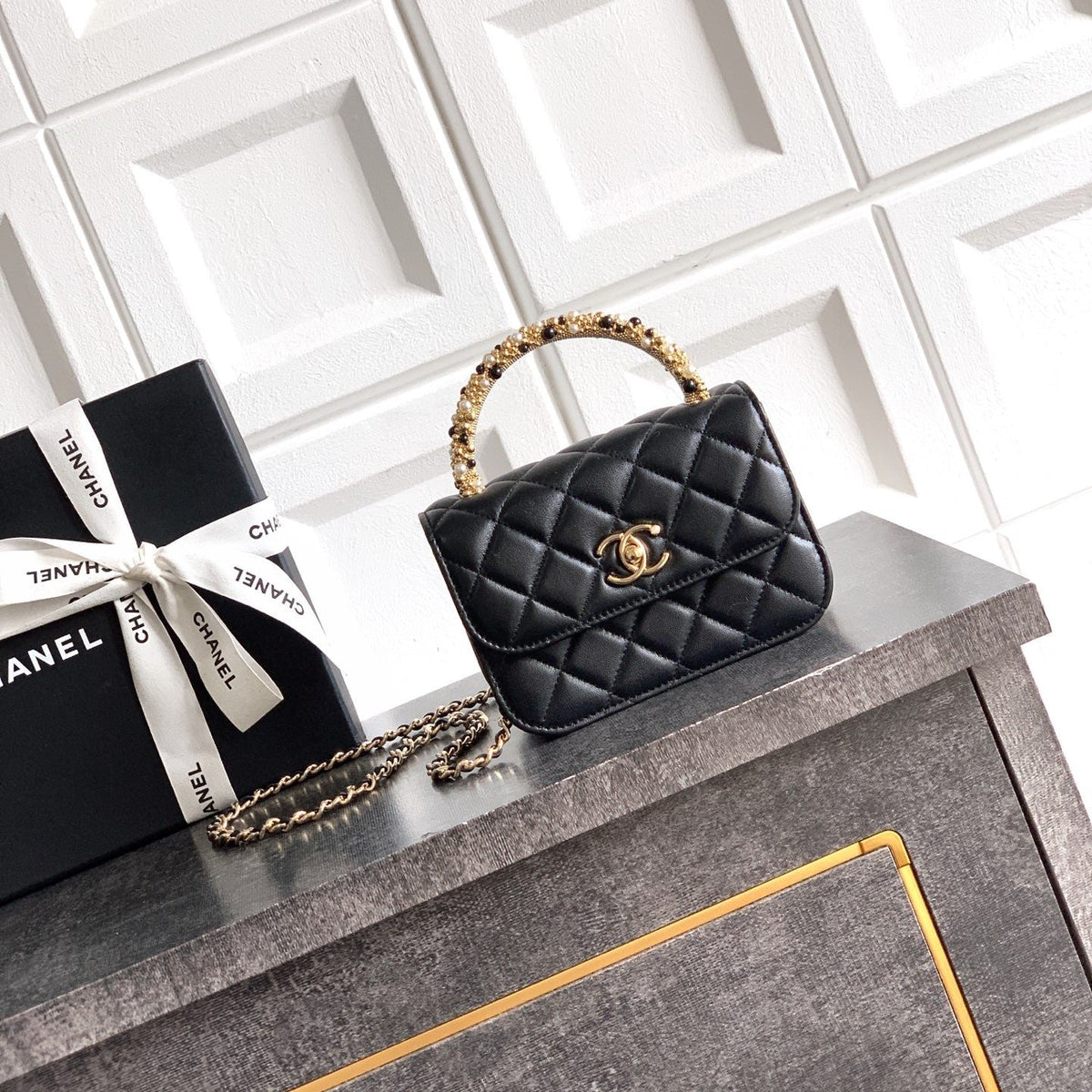 CC Mini Flap Bag 15 With Handle Black Lambskin