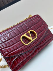 Valentino Vain Shoulder Bag Burgundy Embossed Leather Pattern