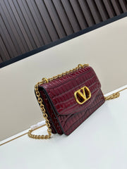 Valentino Vain Shoulder Bag Burgundy Embossed Leather Pattern
