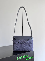 BV Small Andiamo Messenger Bag 29s Dark Blue Suede Intrecciato Leather