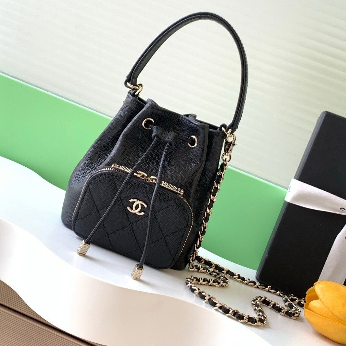 CC Mini Pocket Bucket Bag Black Caviar Leather Light GHW 269203