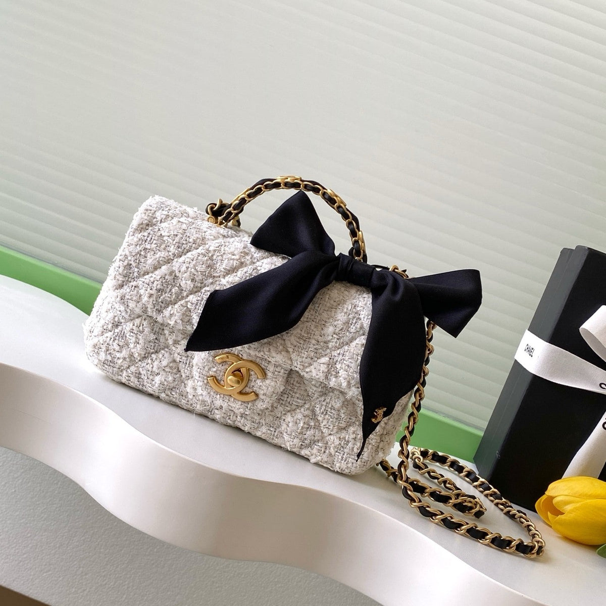 CC FW 25/26 Mini Flap Bag with Top Handle White Black Tweed Silk GHW