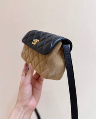 Chanel 2025 Block Flap Bag 20cm Black Beige Lambskin Suede 343043