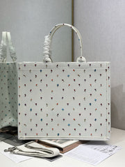 CD 2026 Book Tote Bag White Multicolor Revolution Flowers Embroidery Canvas 288406
