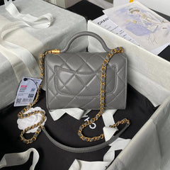 CC  25S FLAP BAG 18 CM IN DARK GREY LAMBSKIN WITH TOP HANDLE